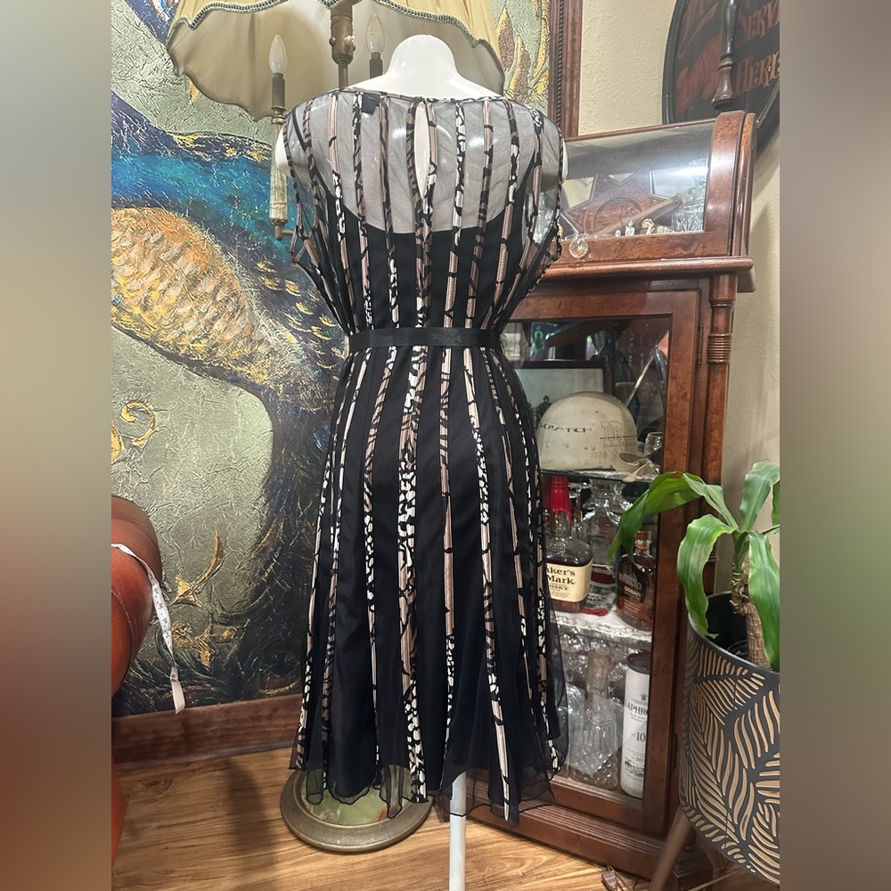 Dressbarn Collection Fit & Flare Midi Black Tan Mesh Overlay Ribbon Tie Waist - Picture 6 of 10